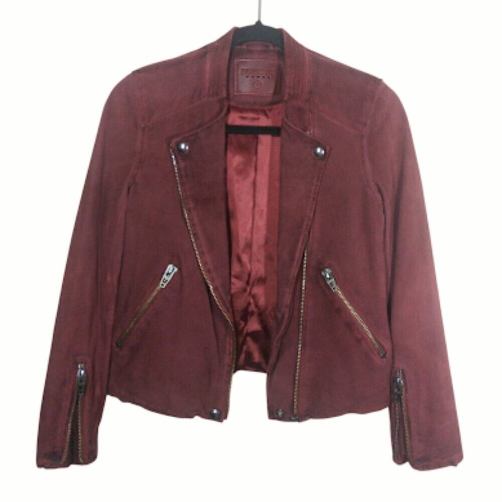 BLANK NYC | Burgundy Leather Suede Moto Biker Jacket Asymmetric Bomber Red XS